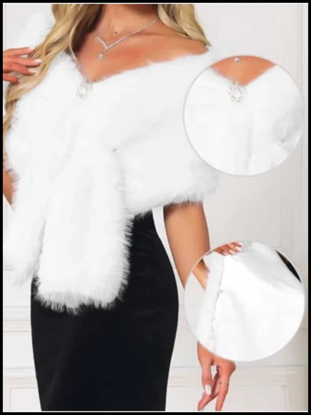 Faux Fur Shawl Wrap Wedding Bridal Winter Cape Stole Rhinestone Brooch